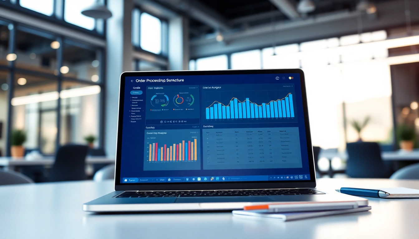 Streamline tasks with order processing software showcased on a laptop in a modern office environment.