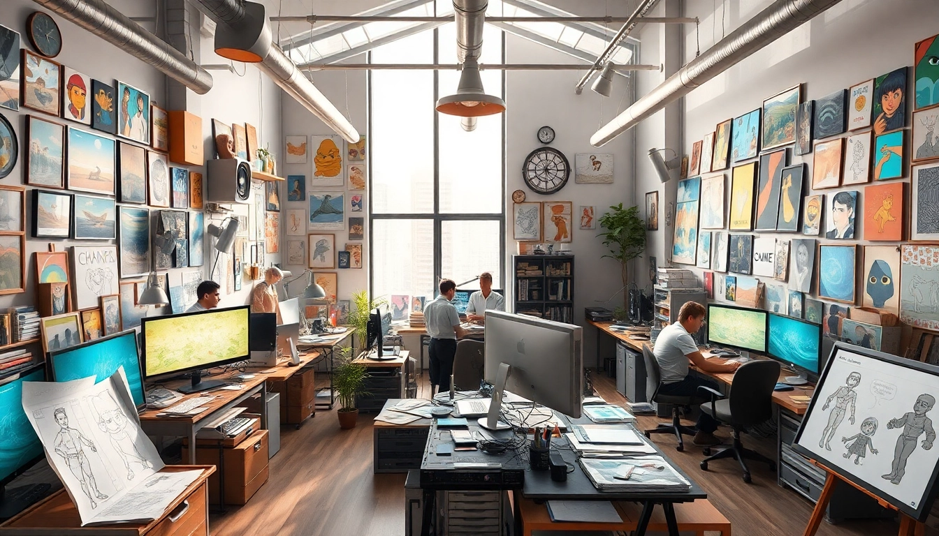 Animationsstudio mit kreativen Künstlern und modernem Equipment in einem inspirierenden Arbeitsumfeld.