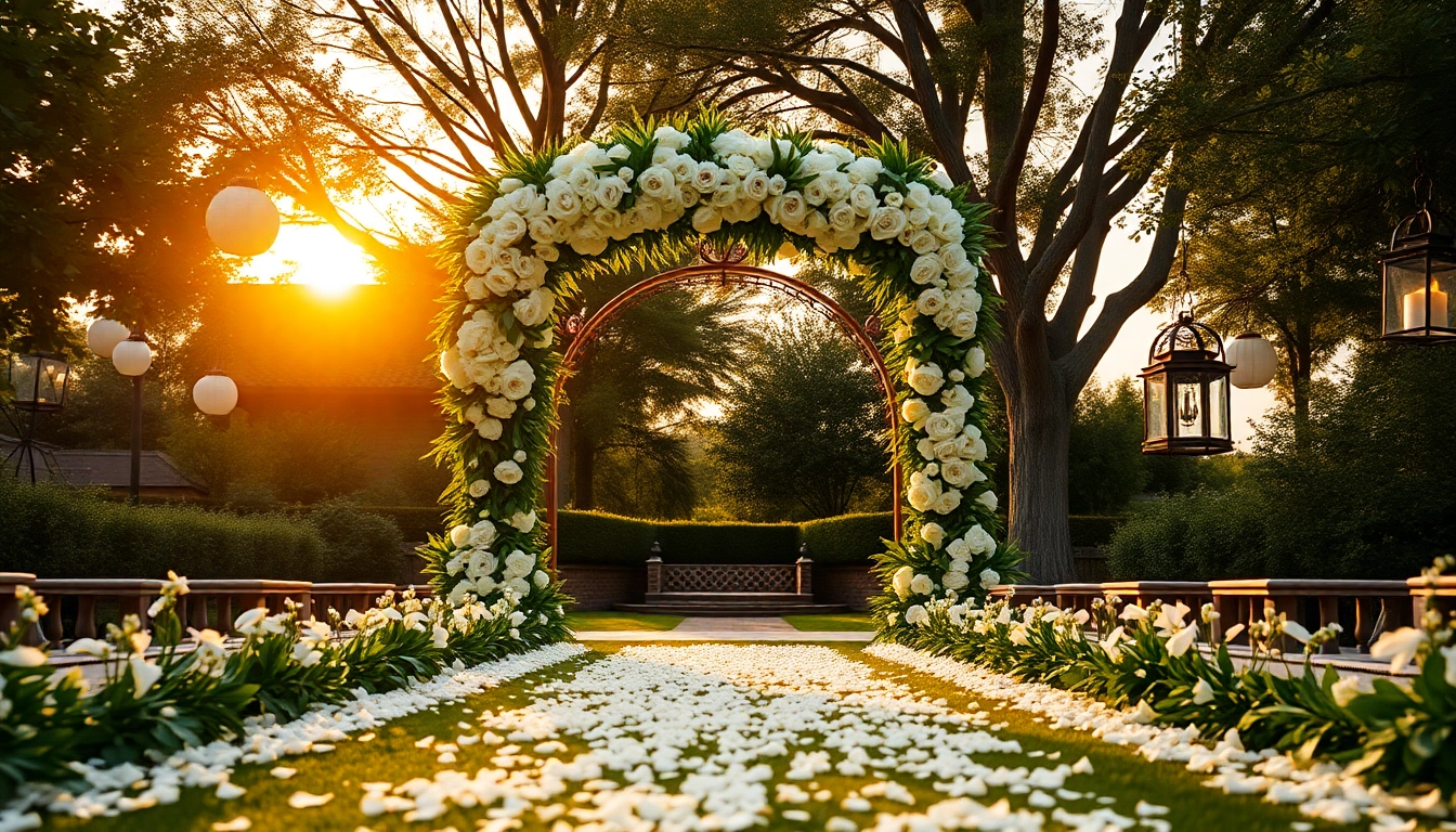 Beautiful wedding setup at Jacksonville Wedding Venue with floral arch and romantic lighting.