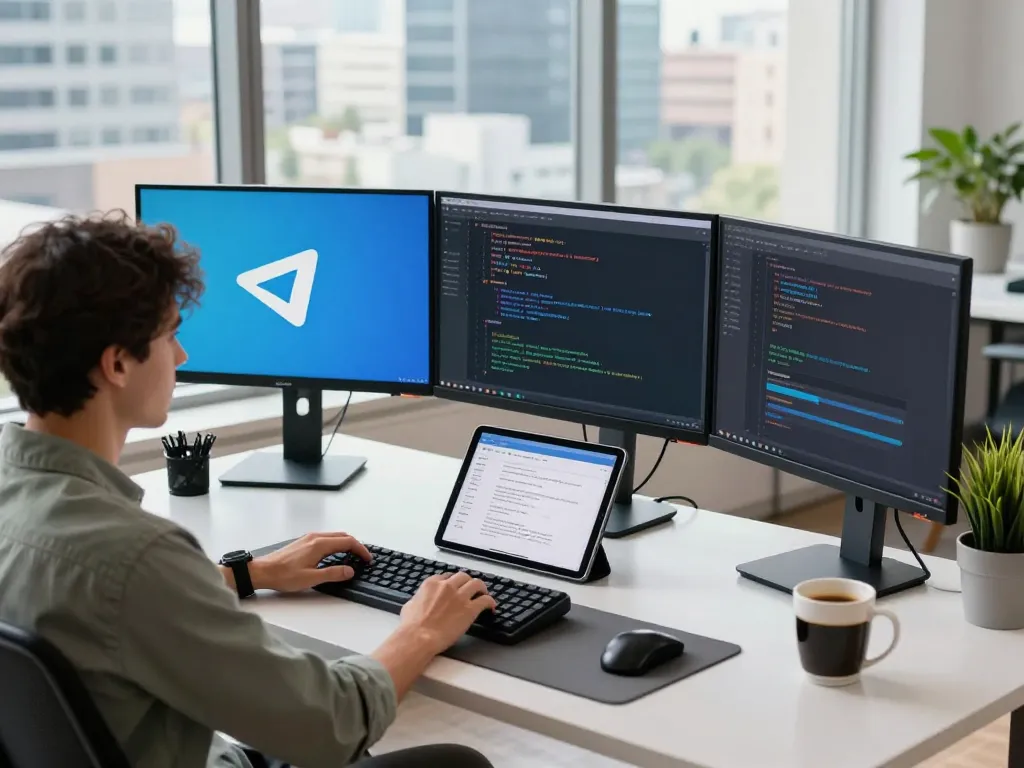 Developer enhancing telegram 下载 experience at modern tech workspace with multiple screens.