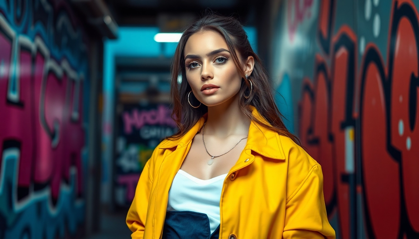 Showcasing modern Fashion with a vibrant model against urban art.