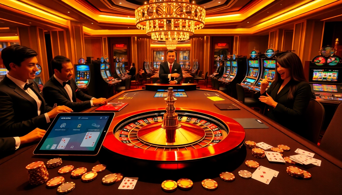 KJC ONL casino scene with roulette wheel, poker chips, and excited players in luxury