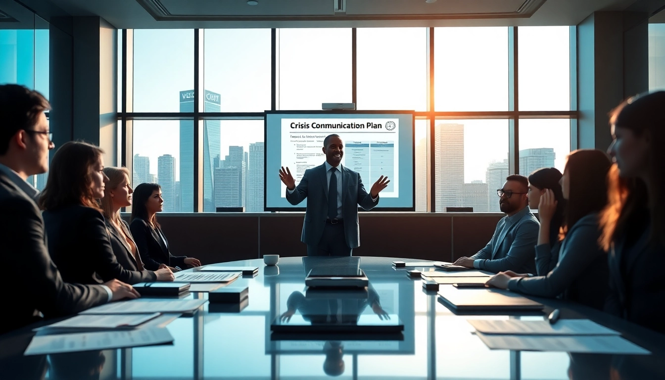 Crisis management consultant presents strategies in a professional boardroom setting.