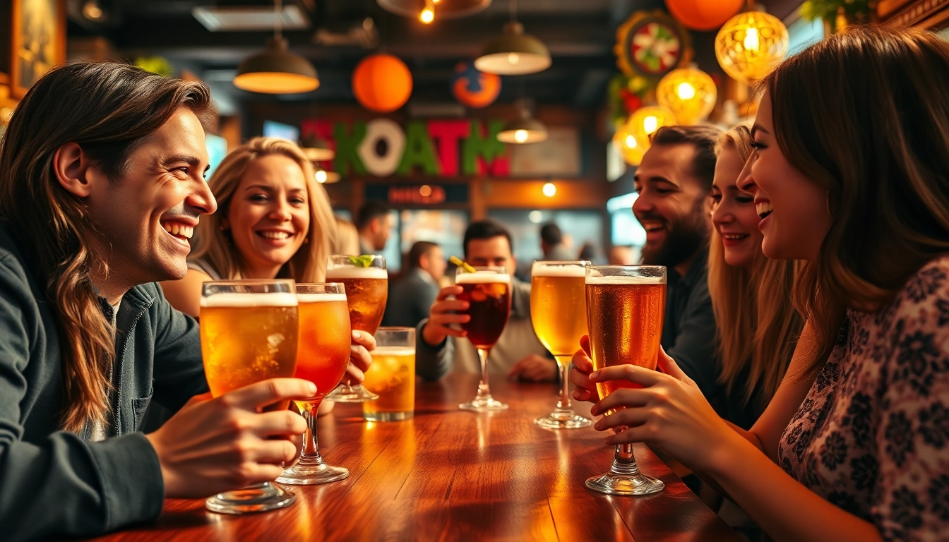 Friends on a night out on the lash enjoying drinks and laughter at a lively pub.