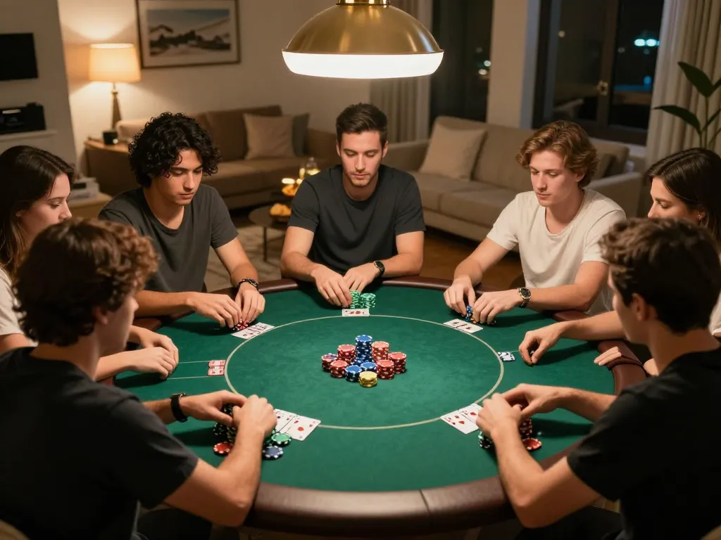Playing สล็อตทดลอง at a home poker night with friends, chips stacked and cards face up, strategic excitement visible.