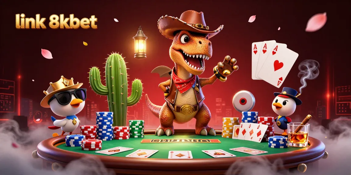 Join the fun at link 8xbet for thrilling poker action with a T-Rex cowboy and friends!