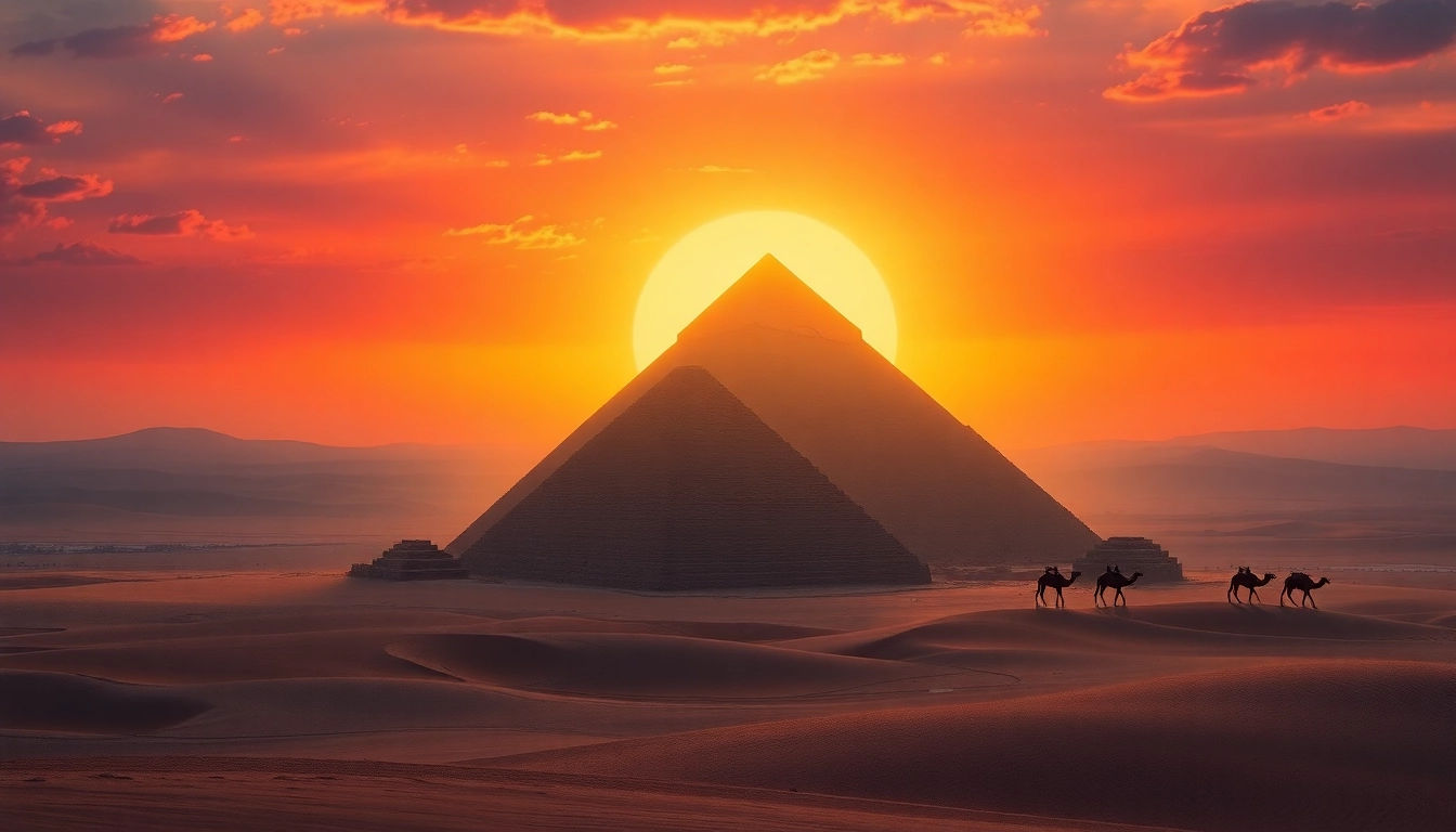 Piraminds standing majestically against a colorful sunset, showcasing ancient architectural wonder.