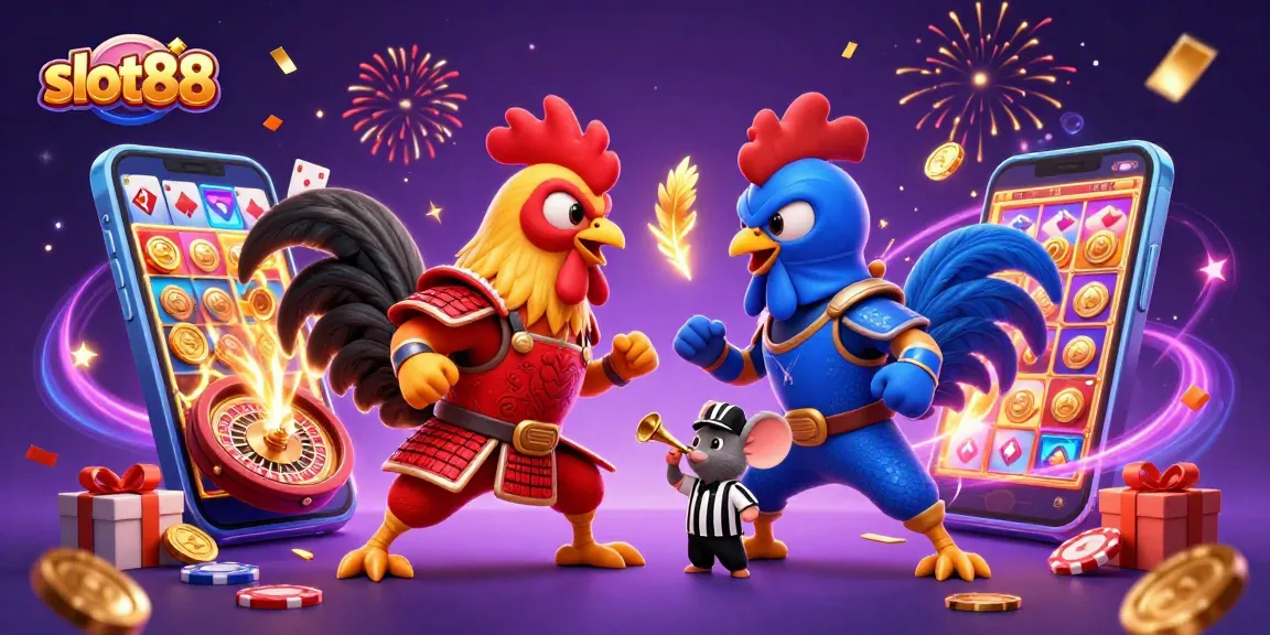 Experience thrilling action with slot88 as cartoon roosters face off amidst dynamic gambling elements
