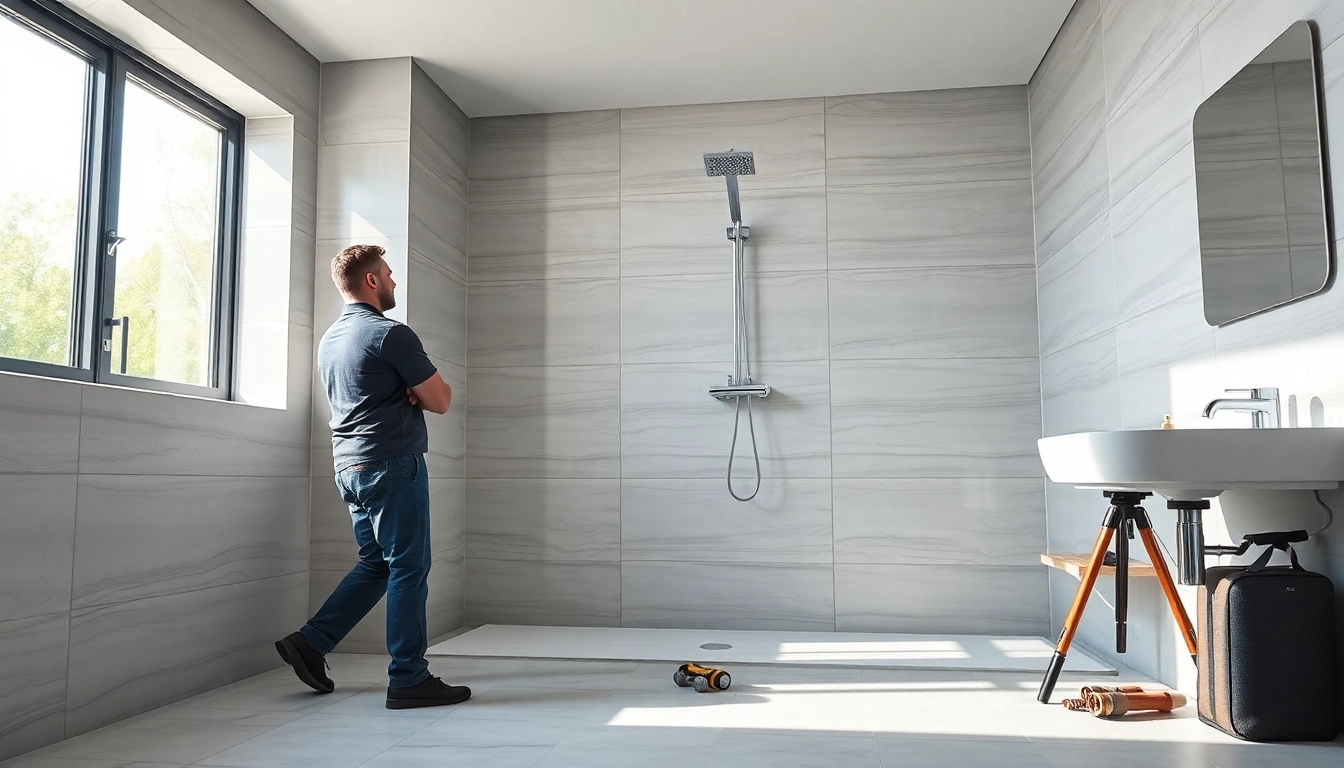 Skilled shower fitters installing modern fixtures in a stylish bathroom.