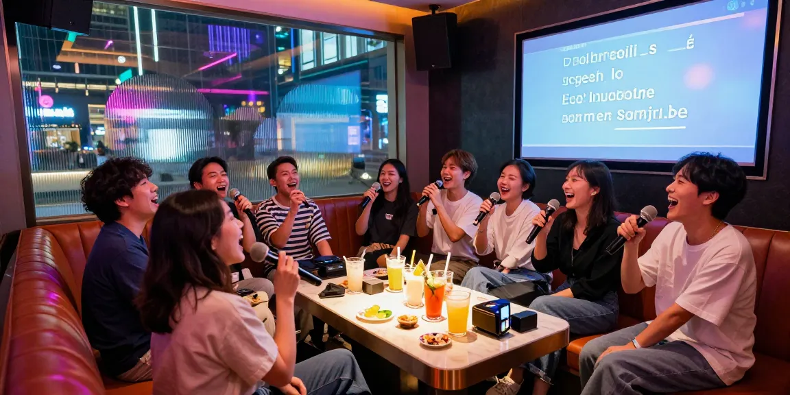 Group of friends enjoying 강남가라오케 in a vibrant karaoke room with neon lights and drinks.
