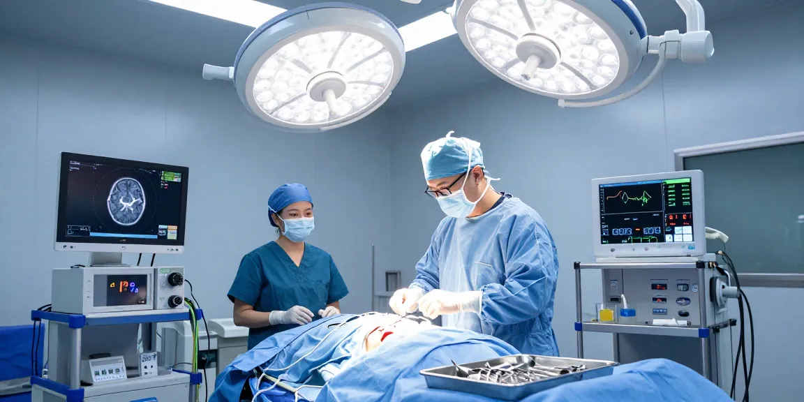 Beyin ameliyatı in a modern surgical room with a neurosurgeon, advanced imaging, and bright lights.