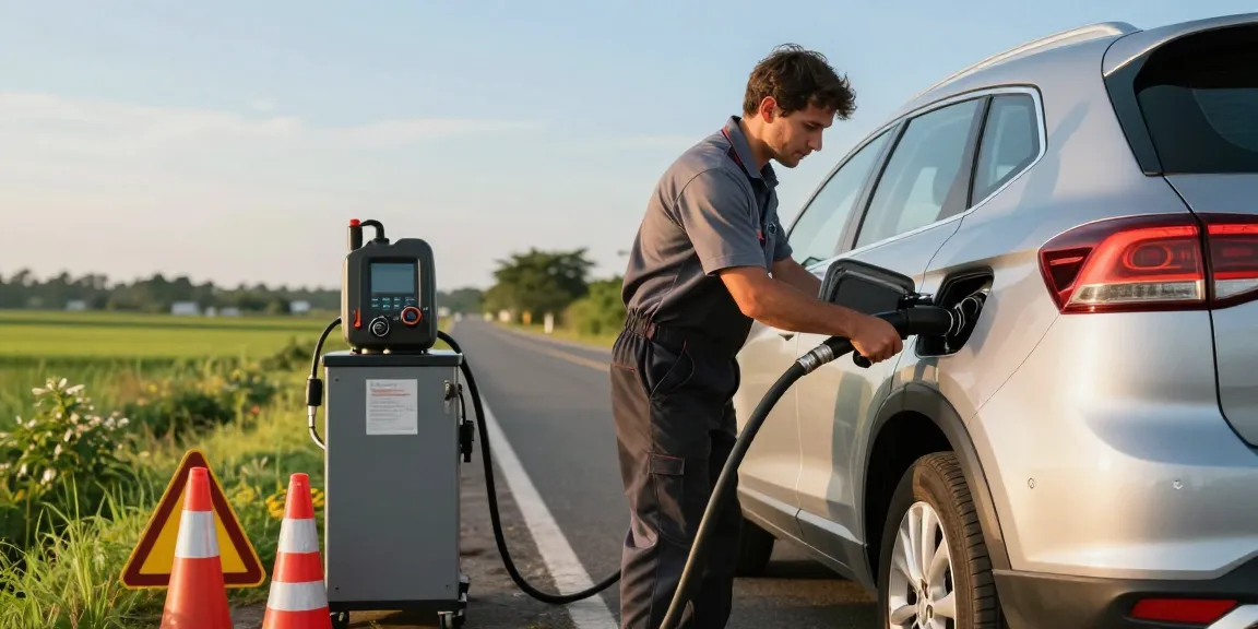 Technician performing fuel drainage on a diesel in petrol car at roadside during golden hour, showcasing automotive service.
