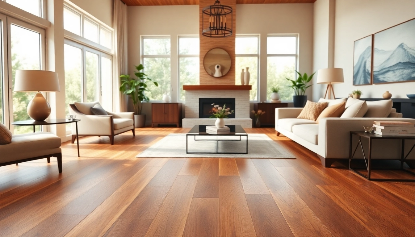 Luxury vinyl flooring in an elegant living room, showcasing warmth and style with natural light.