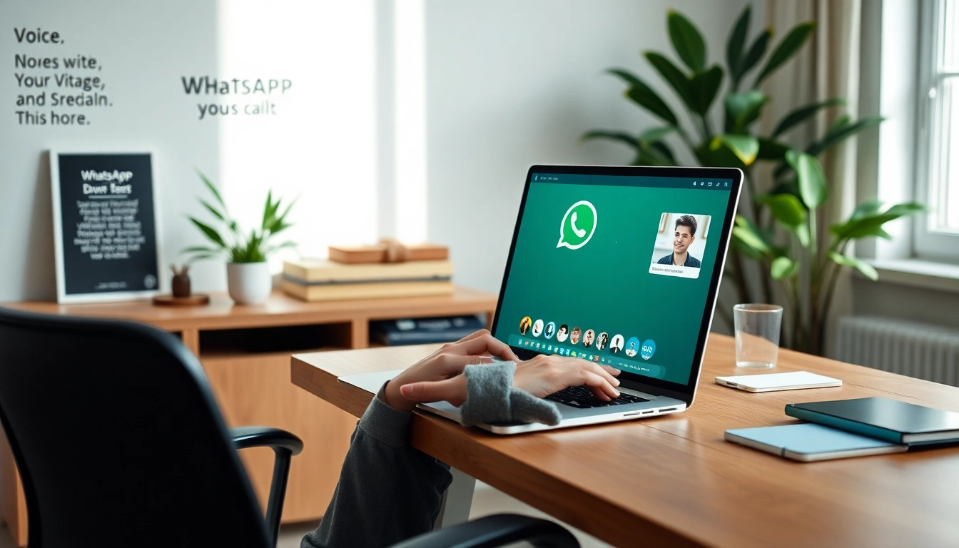 在现代工作区的笔记本电脑上使用 WhatsApp Web，展示通信功能。