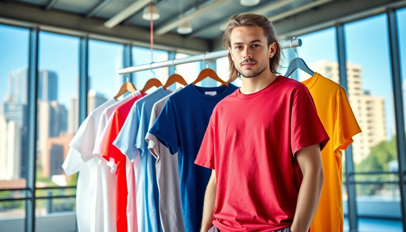Showcase of best blank t shirts displayed in a bright urban setting.