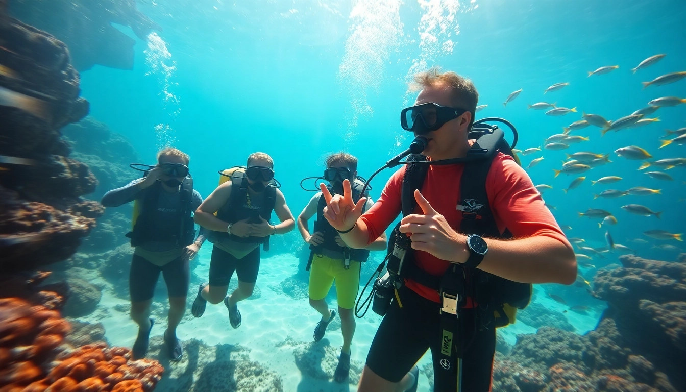 Tauchschule mit professionellem Tauchlehrer, der Schüler unter Wasser anleitet.