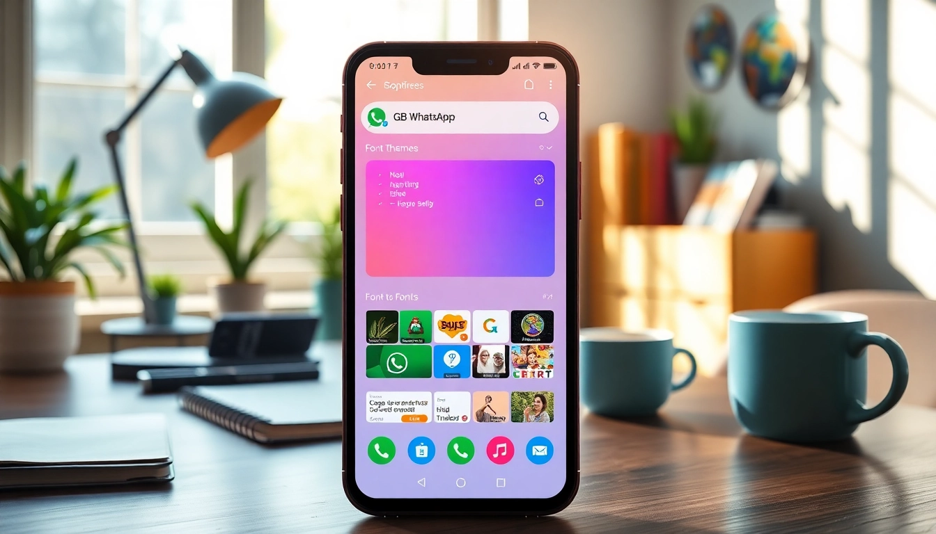 Explore GB WhatsApp APK features on a smartphone in a cozy office setting.