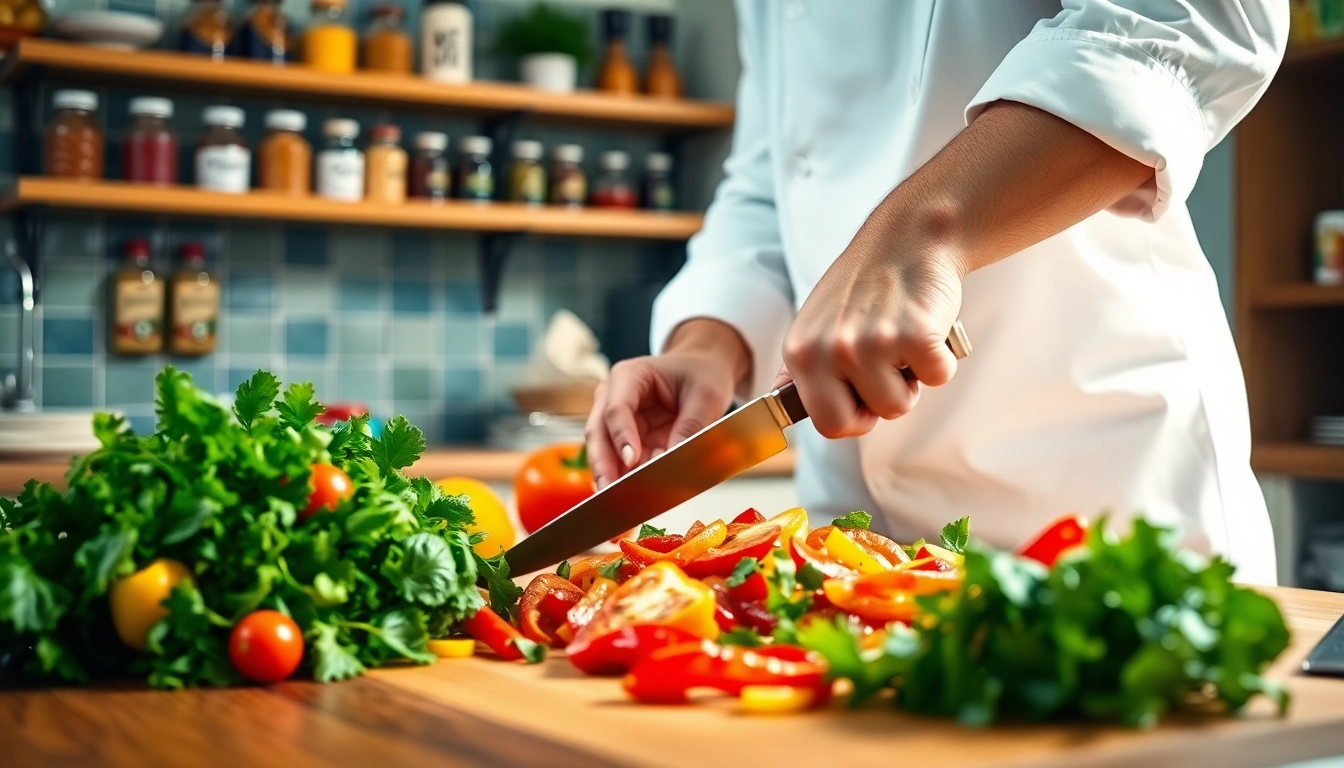 Cooking chef demonstrating dish facts with fresh ingredients on a wooden countertop.