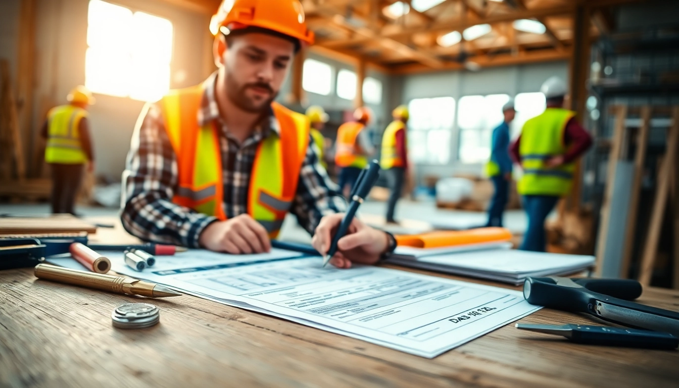 Contractor completing a DAS 142 form on a busy construction site with tools and plans.