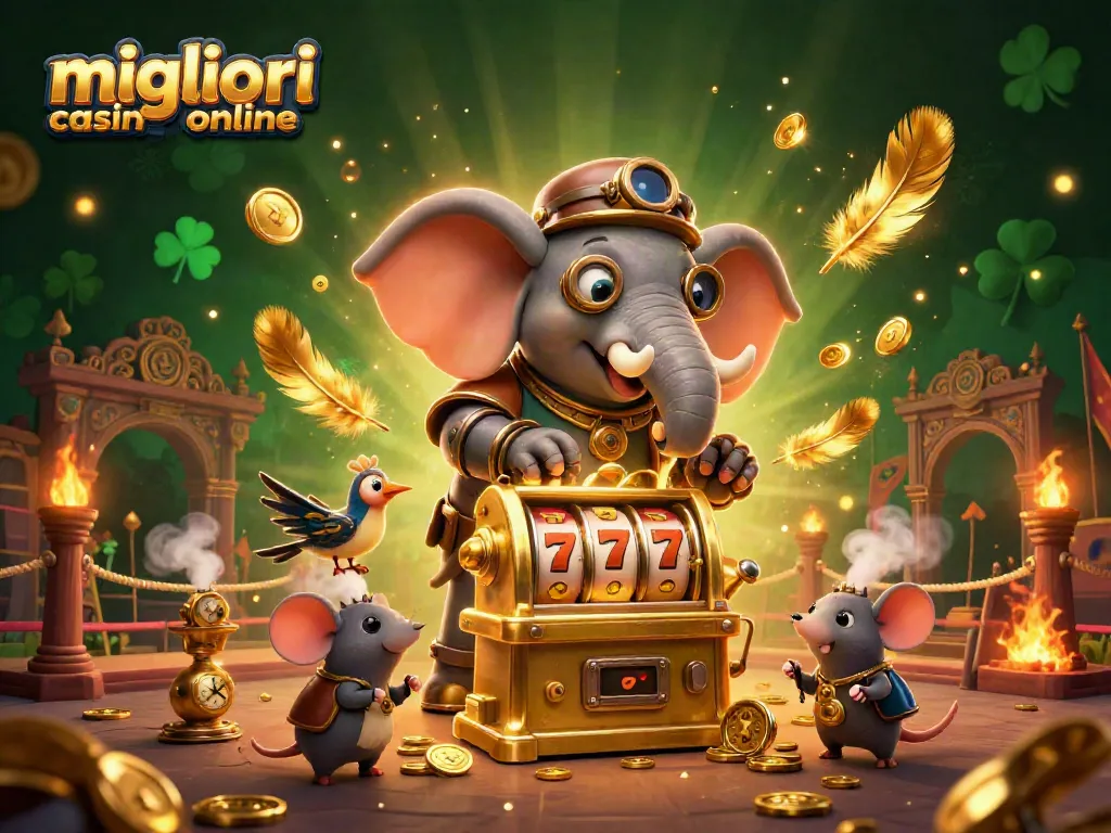 Scopri i migliori casino online con un ingegnere elefante steampunk che gestisce una slot machine dorata.