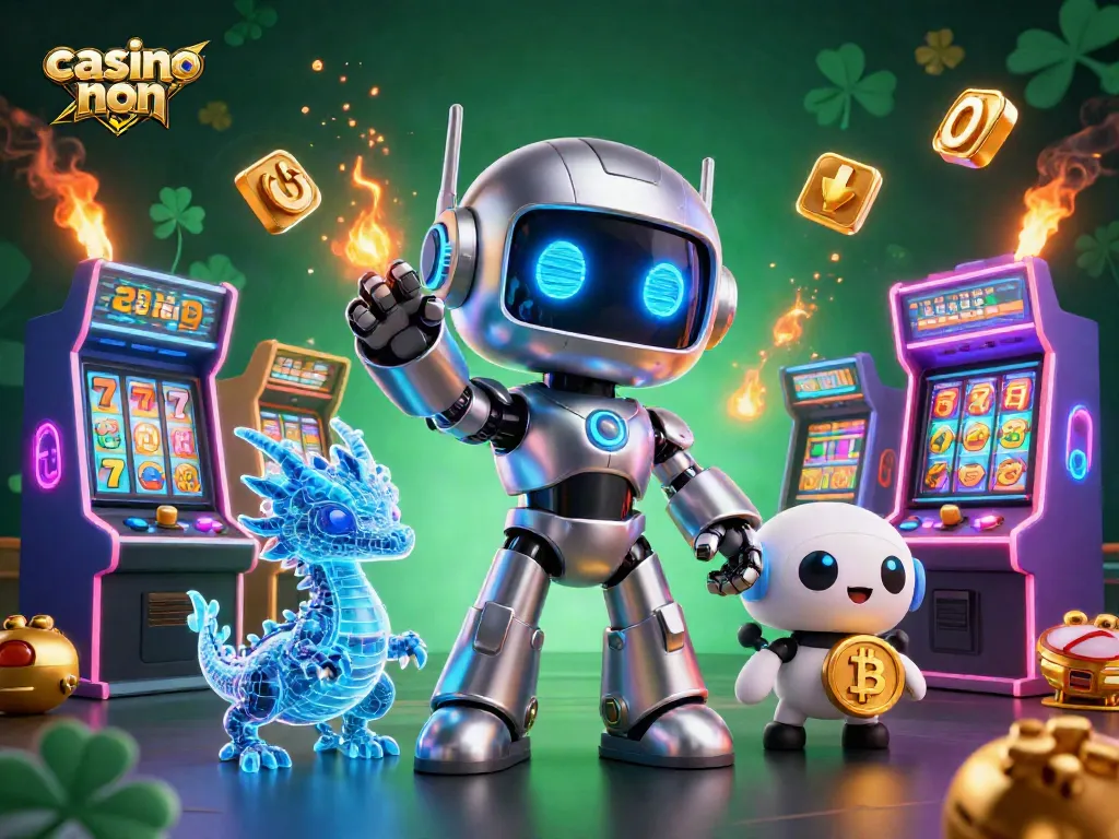 Giocare nei casino non ADM con una vibrante illustrazione 3D di un robot e un drago AI.
