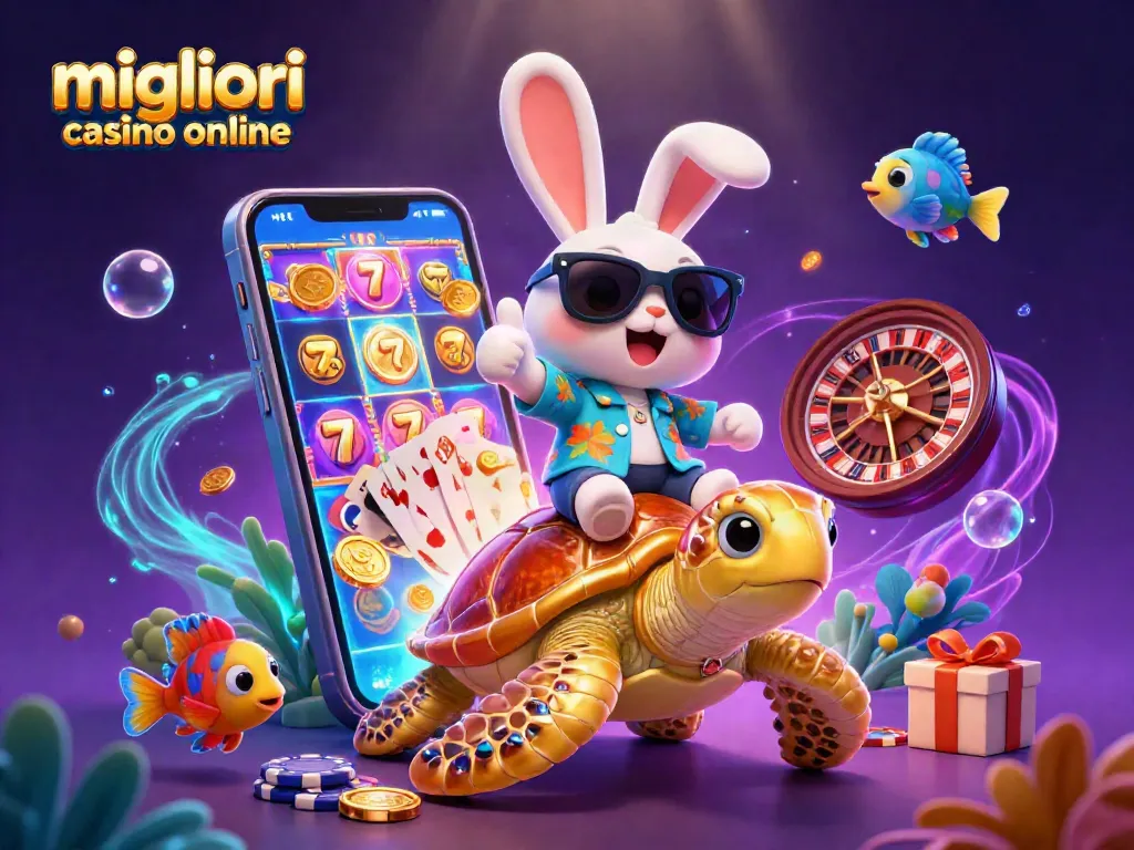 I migliori casino online presentano una scena vivace con un coniglio fortunato e una tartaruga dorata.
