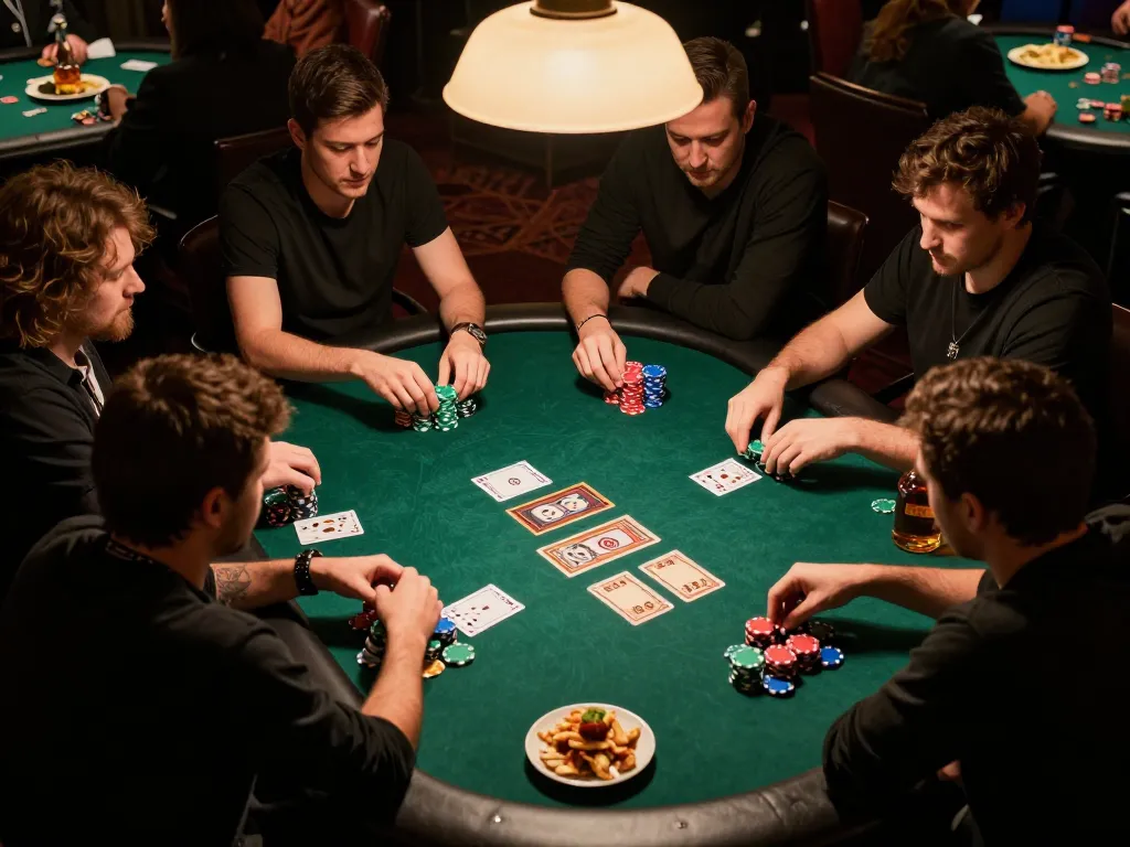 The hidden wiki guides users through engaging in strategic poker gameplay, showcasing a dynamic game night setting with intense focus and competitive energy.