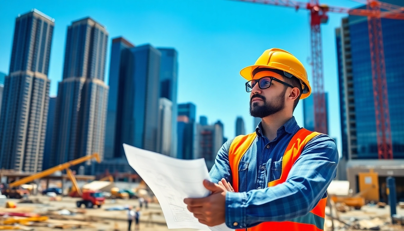 Manhattan General Contractor managing a construction site with blueprints in hand amidst busy workers and equipment.