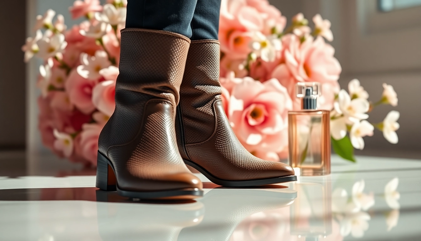 Show fashionable Gucci Bloom boots showcased against a background of fragrant flowers.