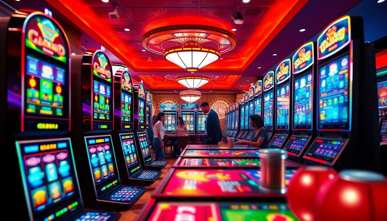 Masuk ke ibet44 login dengan suasana kasino yang cerah dan mesin slot yang menarik.