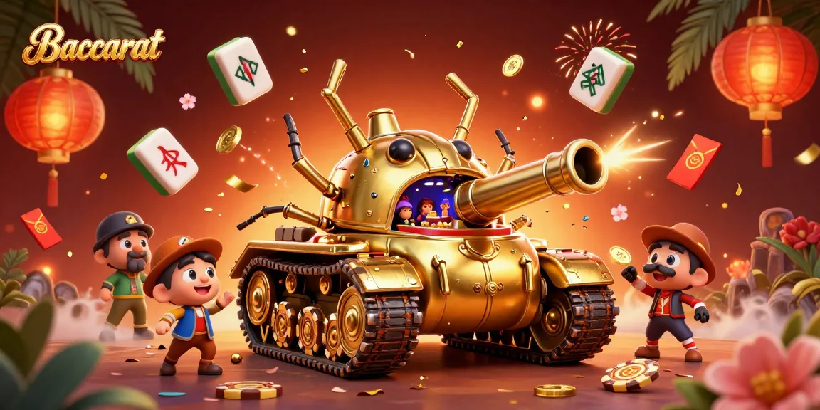 Baccarat gaming scene with a golden beetle tank showcasing a casino interior, colorful decorations, and festive elements.