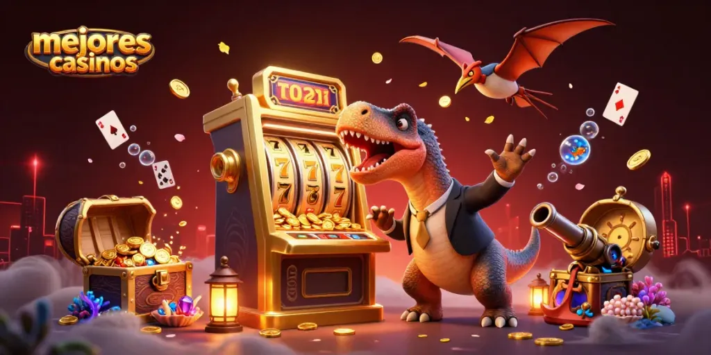 La escena vibrante muestra los mejores casinos, incluyendo un pachycephalosaurus golpeando una máquina tragamonedas con monedas volando.