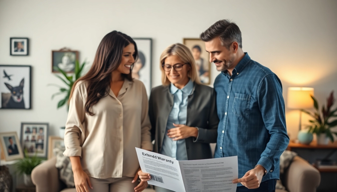 Learn about an extended warranty for cars and homes with a family discussing benefits in their living room.