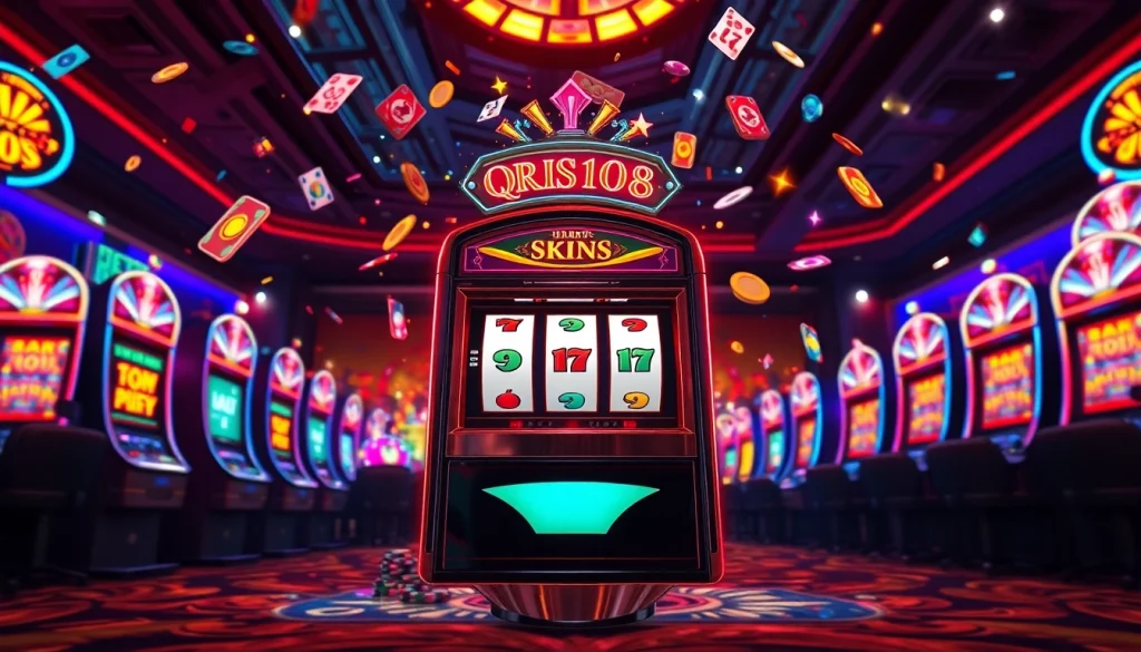 Rasakan keseruan dengan QRIS108 Slot yang dikelilingi oleh simbol permainan di kasino yang ceria.