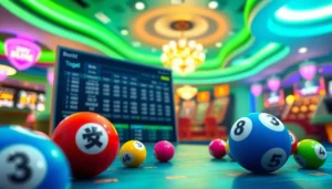 Menggambarkan interface permainan situs togel dengan bola lotere berwarna-warni dan antarmuka taruhan yang menarik.