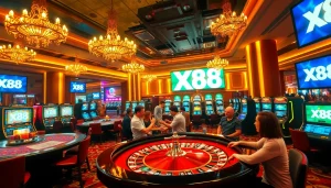Experience the thrill of casino gaming with XX88 at vibrant roulette tables and bustling slot machines.