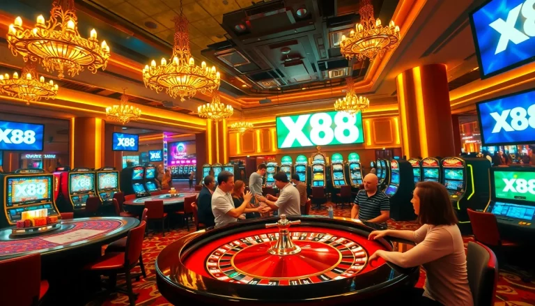 Experience the thrill of casino gaming with XX88 at vibrant roulette tables and bustling slot machines.