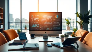 Analyze how Technology transforms modern workspaces with vibrant devices and city views.