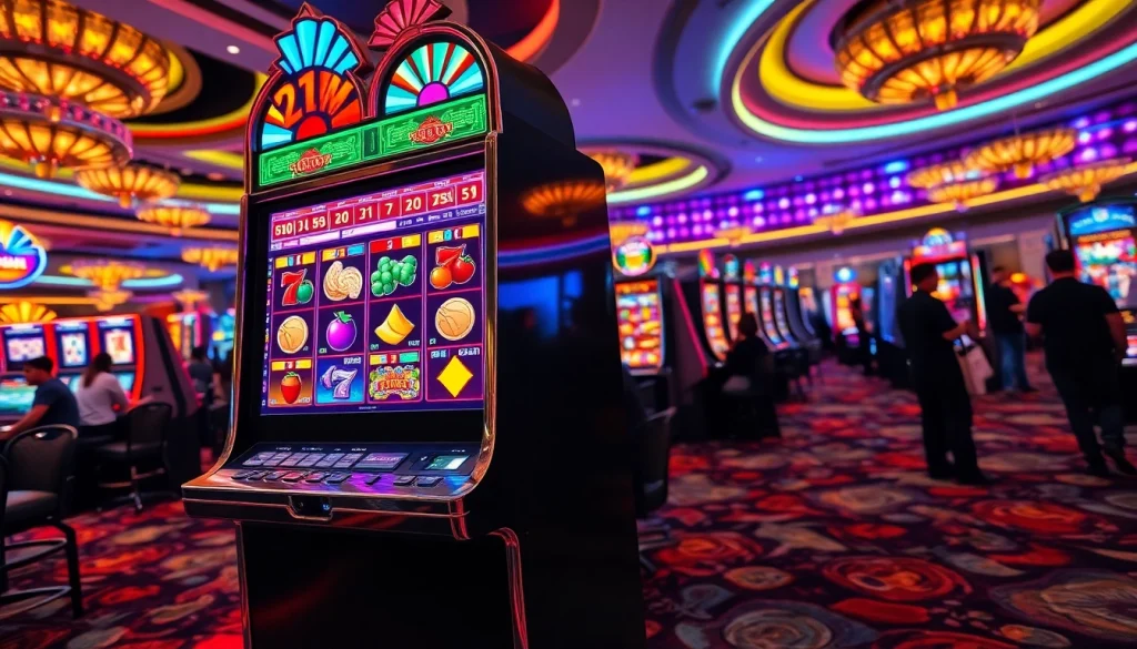 Putar slot mesin dengan grafik berwarna-warni di kasino yang ramai.