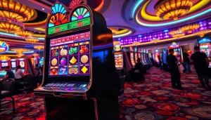 Putar slot mesin dengan grafik berwarna-warni di kasino yang ramai.