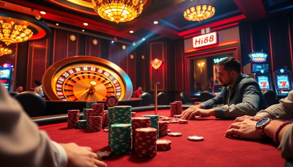 Hi88 poker game at a vibrant casino table with stacked chips and rolling dice.