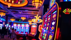 Menggambarkan link tank4d toto slot yang menonjol dalam suasana kasino yang cerah dan penuh warna.