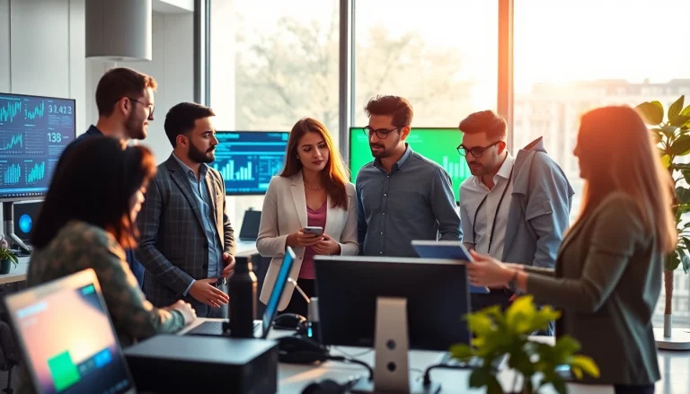 Showcase of technology companies team working collaboratively in a modern office environment.