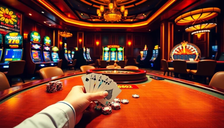 Experience the thrill of gambling with Hi8802 at an upscale casino table featuring exciting poker play.