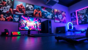 Menggambarkan daftar ggsoft game yang menarik dalam pengaturan gaming yang futuristik.