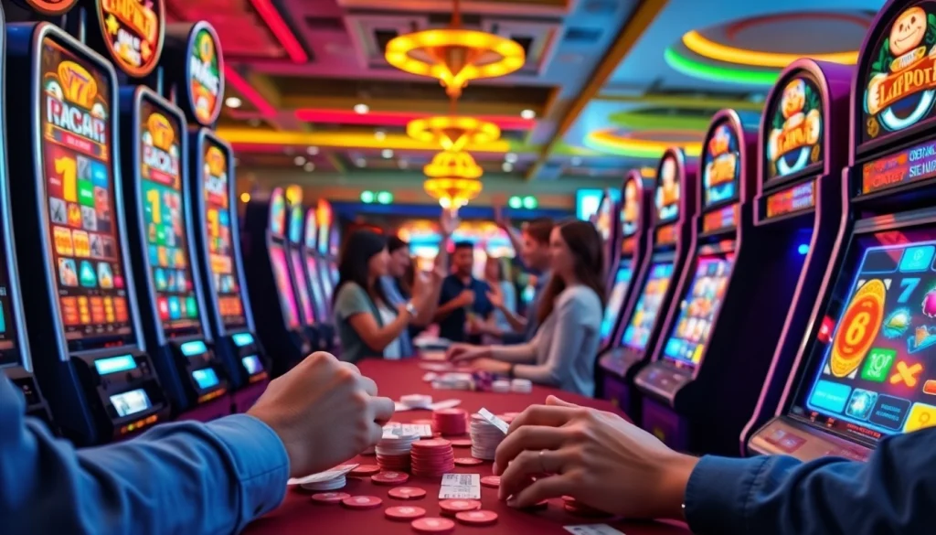 Menggambarkan suasana bandar bola slot, pemain merayakan kemenangan di mesin slot berwarna cerah