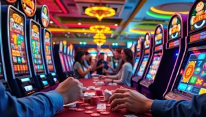 Menggambarkan suasana bandar bola slot, pemain merayakan kemenangan di mesin slot berwarna cerah