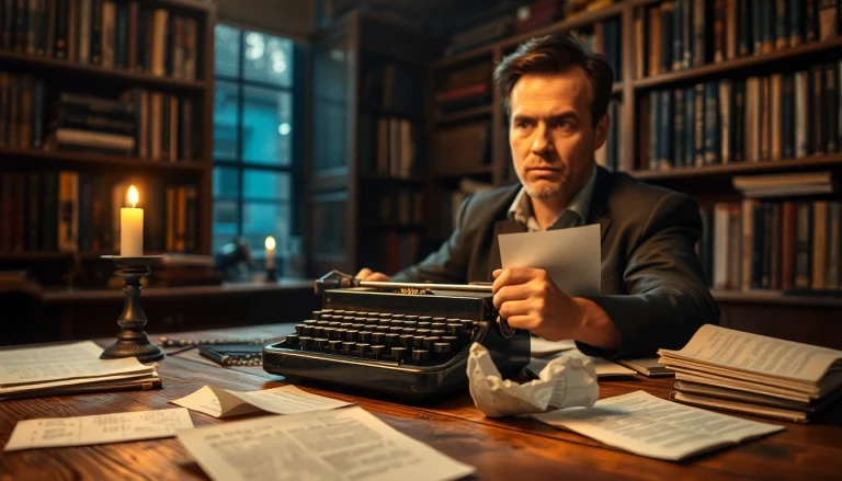 Thriller author writing passionately at a vintage desk surrounded by mystery novels.