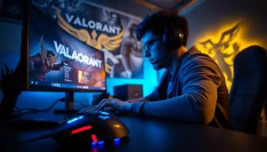 Engaging gamer experiencing valorant download process with focused intensity and vibrant setup.