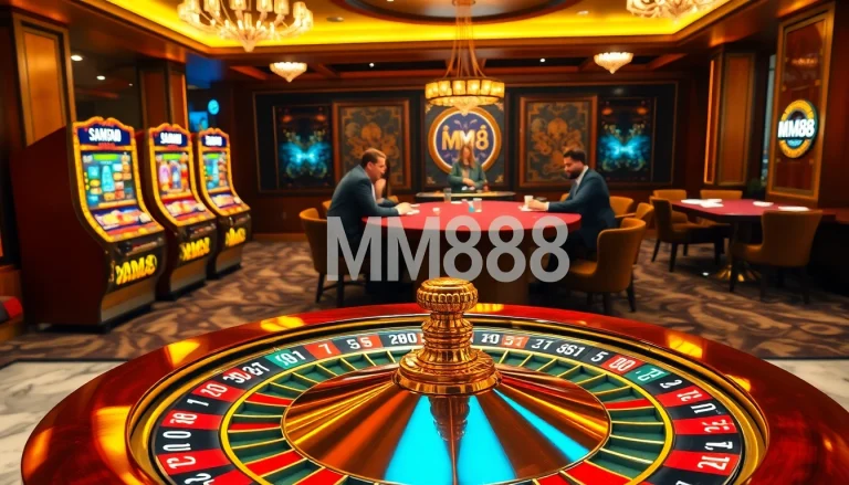 Experience the thrilling atmosphere of MM88 at a bustling casino with roulette, poker, and slot machines in vibrant detail.